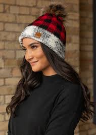 Red Plaid Accent Hat, Fleece Lined with Pom
