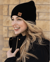 Load image into Gallery viewer, Black Slouchy Partial Fleece Lined Knit Beanie
