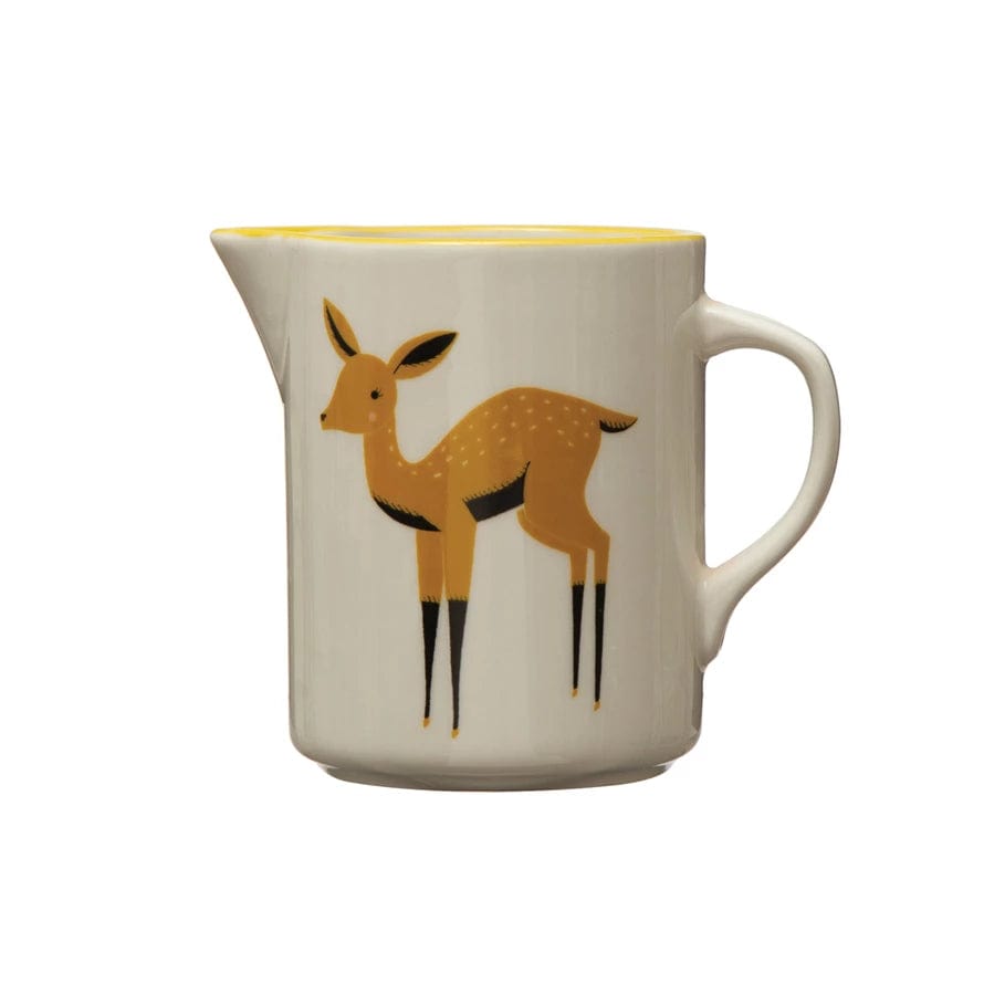 12 oz. Stoneware Creamer w/ Deer & Yellow Rim, Multi Color