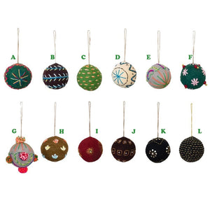 3" Round Wool Felt Ball Ornament with Embroidery, Multi Color